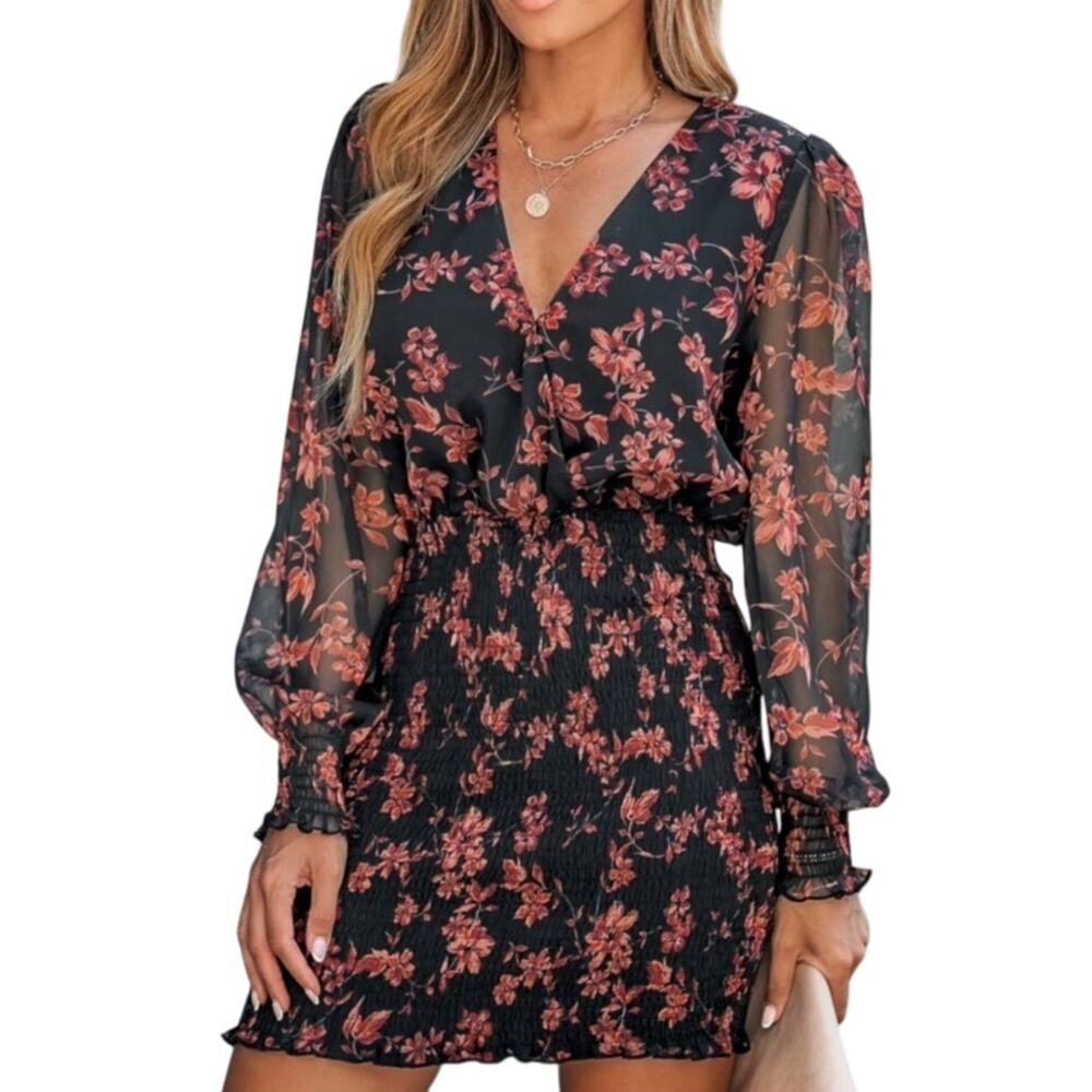 Cupshe Long Peasant Sleeve Bodycon Mini Floral Dress, Women's Size M